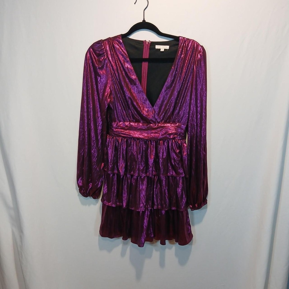 Flying Tomato S metallic ruffle mini dress long sleeves v neck 80s party lsu